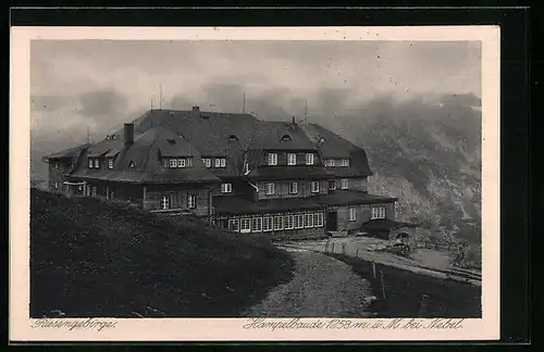 AK Hampelbaude, Berghütte mit Teichrand