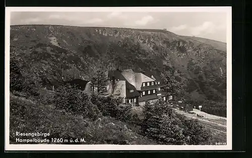 AK Hampelbaude, Berghütte mit fernem Ausblick