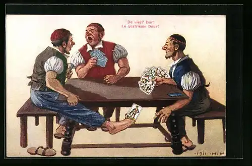 Künstler-AK Männer beim Kartenspiel, Zwei Spieler mogeln