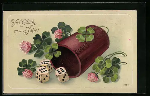Präge-AK Würfelbecher und Kleeblätter, Neujahr