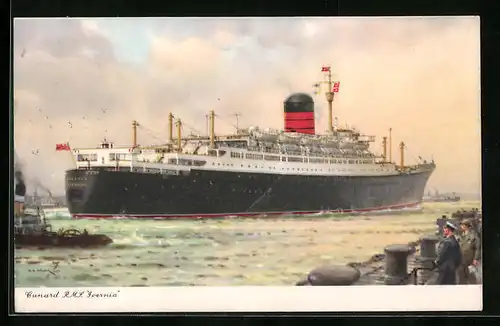 AK Passagierschiff Cunard RMS Ivernia den Hafen verlassend