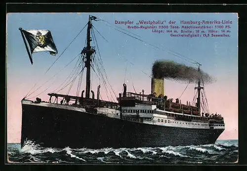 AK Passagierschiff Westphalia der Hamburg-Amerika-Linie