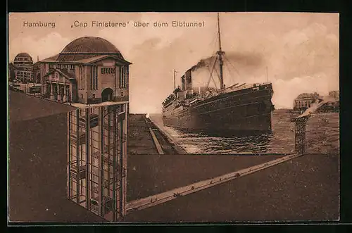 AK Hamburg-Steinwärder, Passagierschiff Cap Finisterre über dem Elbtunnel