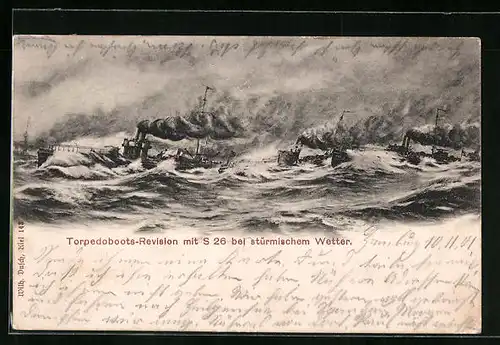 Künstler-AK Torpedoboots-Division mit S26 bei stürmischem Wetter