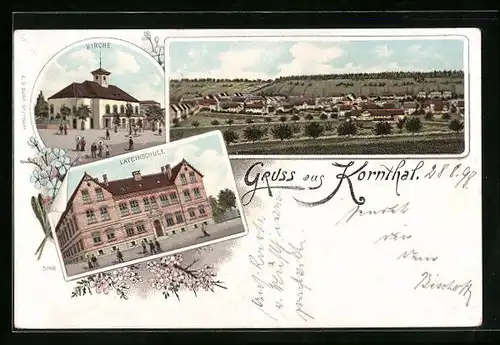 Lithographie Kornthal, Teilansicht, Lateinschule, Kirche