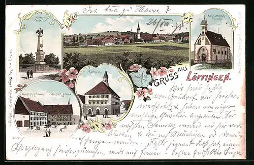 Lithographie Löffingen, Gasthaof zum Löwen u. Gasthof zur SonneSchneekreuz-Kirche, Rathaus