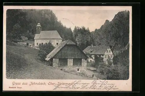 AK Johnsbach, Ortspartie mit Kirche