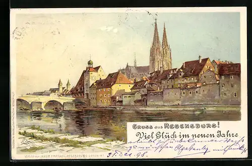 Lithographie Regensburg, Uferpartie mit Kirche, Neujahrsgruss