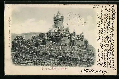 Relief-AK Cochem, Burg Cochem von Westen