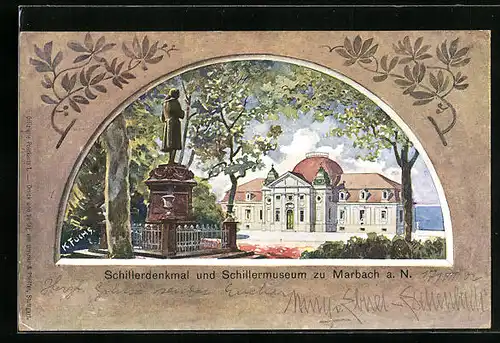 Künstler-AK Marbach a. N., Schillerdenkmal und Schillermuseum