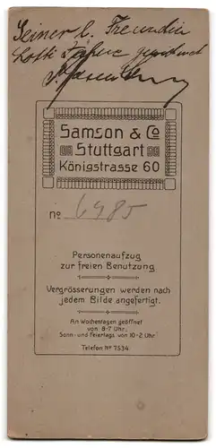 Fotografie Samson & Co., Stuttgart, Königstr. 60, Junger Herr im eleganten Anzug mit Schnurrbart