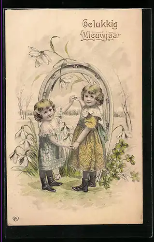 Präge-AK Neujahrsgruss mit Kinder am Hufeisen