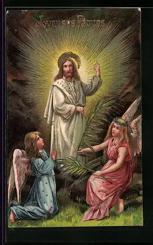 Präge-AK Osterengel und Jesus Christus