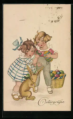 AK Kinder mit Osterhase und Eiern
