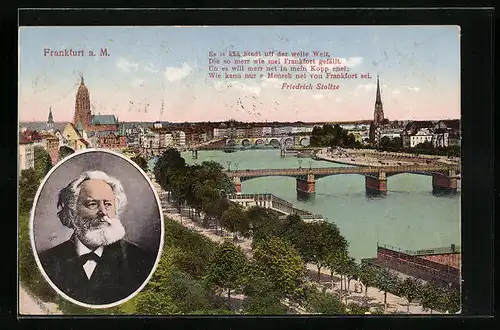 AK Alt-Frankfurt, Stadt-Panorama, Mundart-Dichter Friedrich Stoltze