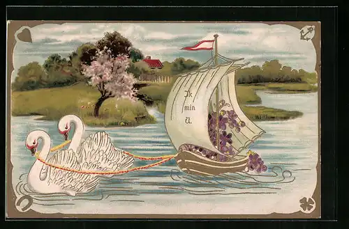 Präge-AK Schwäne ziehen kleines Boot