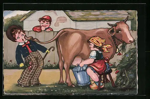 AK Bäuerin melkt Kuh