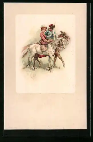 AK Husar und Dame auf Pferden
