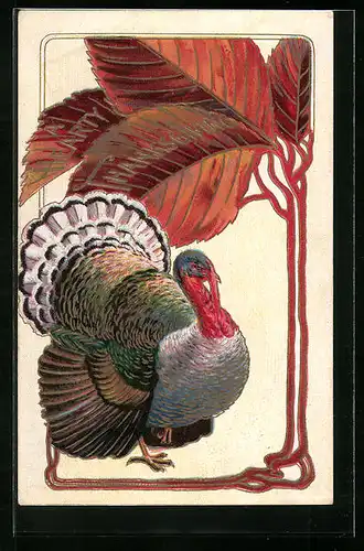 Präge-AK Truthahn mit Herbstlaub