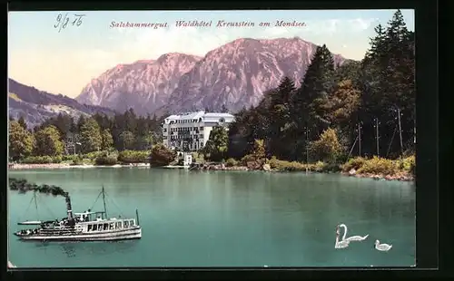 AK St. Gilgen, Salzkammergut, Waldhôtel Kreuzstein am Mondsee mit Dampfer