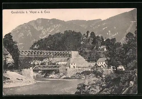 AK Ennsbrücke b. Weyer a. d. Enns, Uferpartie mit Brücke