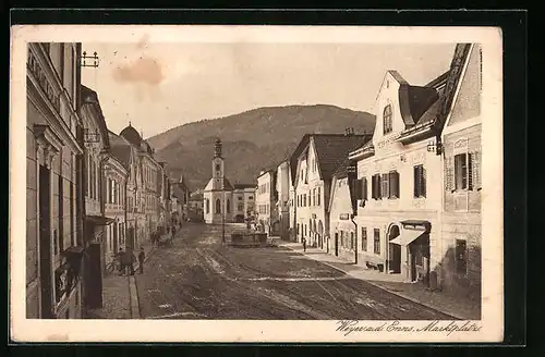 AK Weyer a. d. Enns, Marktplatz mit Kirche und Geschäften