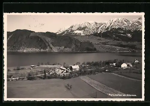 AK Parschhallen /Attersee, Panorama mit Gebirge