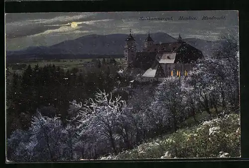 AK Mondsee, Kirche in einer Mondnacht