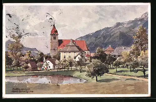 Künstler-AK Molln, Ortspartie mit Teich und Kirche
