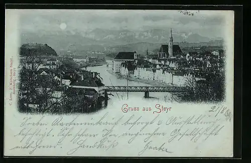 Mondschein-AK Steyr, Totalansicht mit Kirche und Brücke