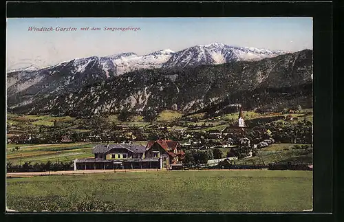 AK Windisch-Garsten, Totalansicht mit dem Sengsengebirge