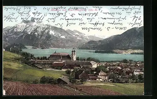 AK Mondsee, Ortsansicht mit See gegen Schafberg
