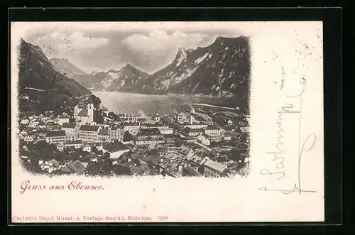 AK Ebensee, Blick über den Ort auf den See