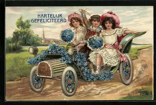 Präge-AK Kleine Kinder in einem zeitgenössischen Automobil