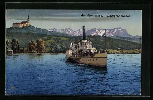 AK Dampfer Gisela auf dem Ammersee, Blick zum Kloster Andechs