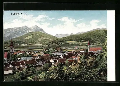 AK Trofaiach, Blick über Dorfdächer gegen Gebirge