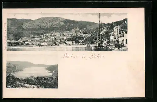 AK Bakar, Dampfer am Hafen, Panorama