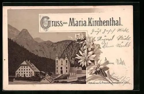 Lithographie St. Martin, Maria Kirchenthal, Ortspartie mit Kloster, Edelweiss