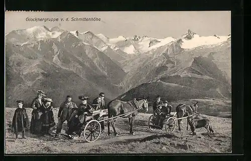 AK Zell am See, Familie mit Pferdegespann auf der Schmittenhöhe, Blick zur Glocknergruppe