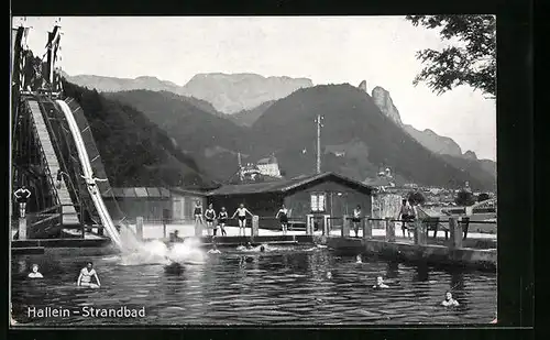 AK Hallein, Wasserrutsche im Strandbad mit Badegästen