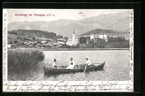 AK Goldegg / Pongau, Ortsansicht vom See gesehen, Familie im Ruderboot