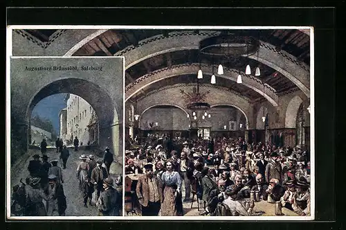 Künstler-AK Salzburg, Aufgang und Innenansicht vom Augustiner Bräustübl