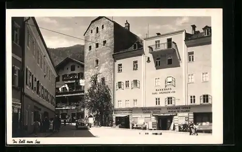 AK Zell am See, Ortspartie mit Bank und Geschäften