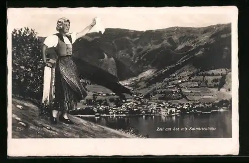 AK Zell am See, Ortsansicht mit Schmittenhöhe, Junge Frau in Tracht