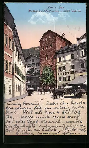 AK Zell am See, Marktplatz mit Kastnerturm und Hotel Lebzelter