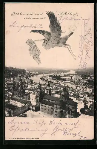 Künstler-AK Salzburg, Storch bringt ein Kind in die Stadt