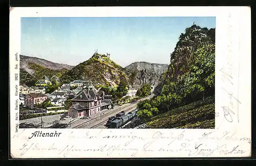 Goldfenster-AK Altenahr, Ortspartie mit Eisenbahn