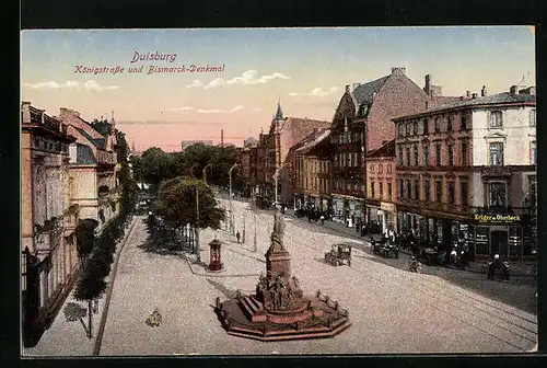 AK Duisburg, Köngistrasse mit Geschäften und Bismarck-Denkmal