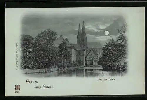Mondschein-AK Soest, Grosser Teich mit Kirche