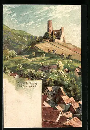 Lithographie Schriesheim, Blick zur Strahlenburg